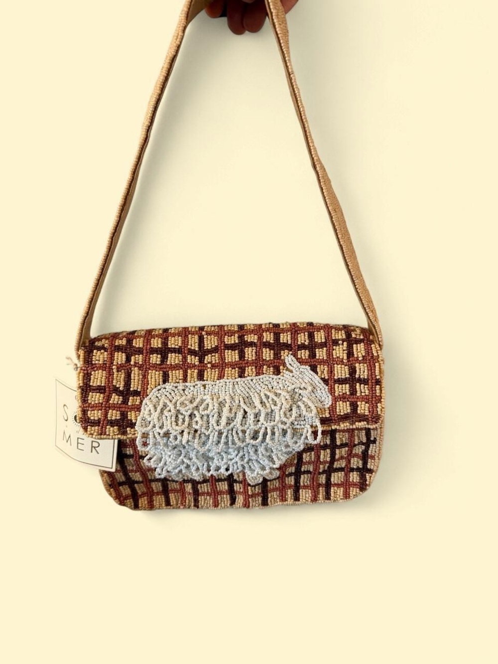 Woven Brown & Cream Shoulder Bag with Sheep Applique